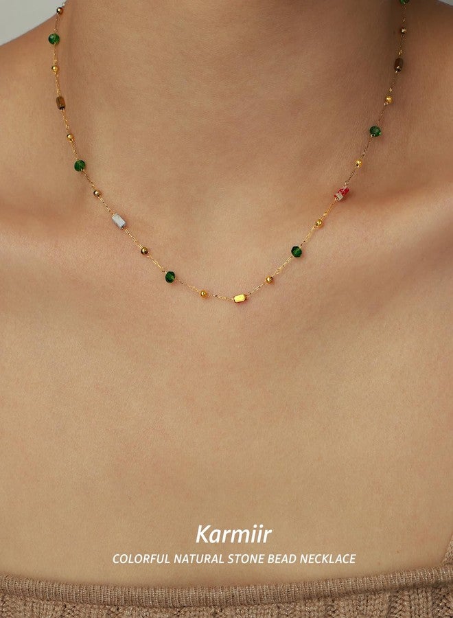 Karmiir Dainty Color Stones Necklace for Women, Stainless Steel Titanium Necklace with Oval Natural Stones, Cube Beads & Gold Accents, Station Necklace Women’s Jewelry for Layering & Daily Wear - Image 5
